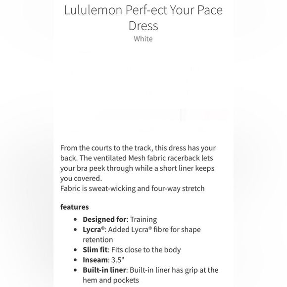 Lululemon Perf-ect Your Pace Dress White - Picture 5 of 16